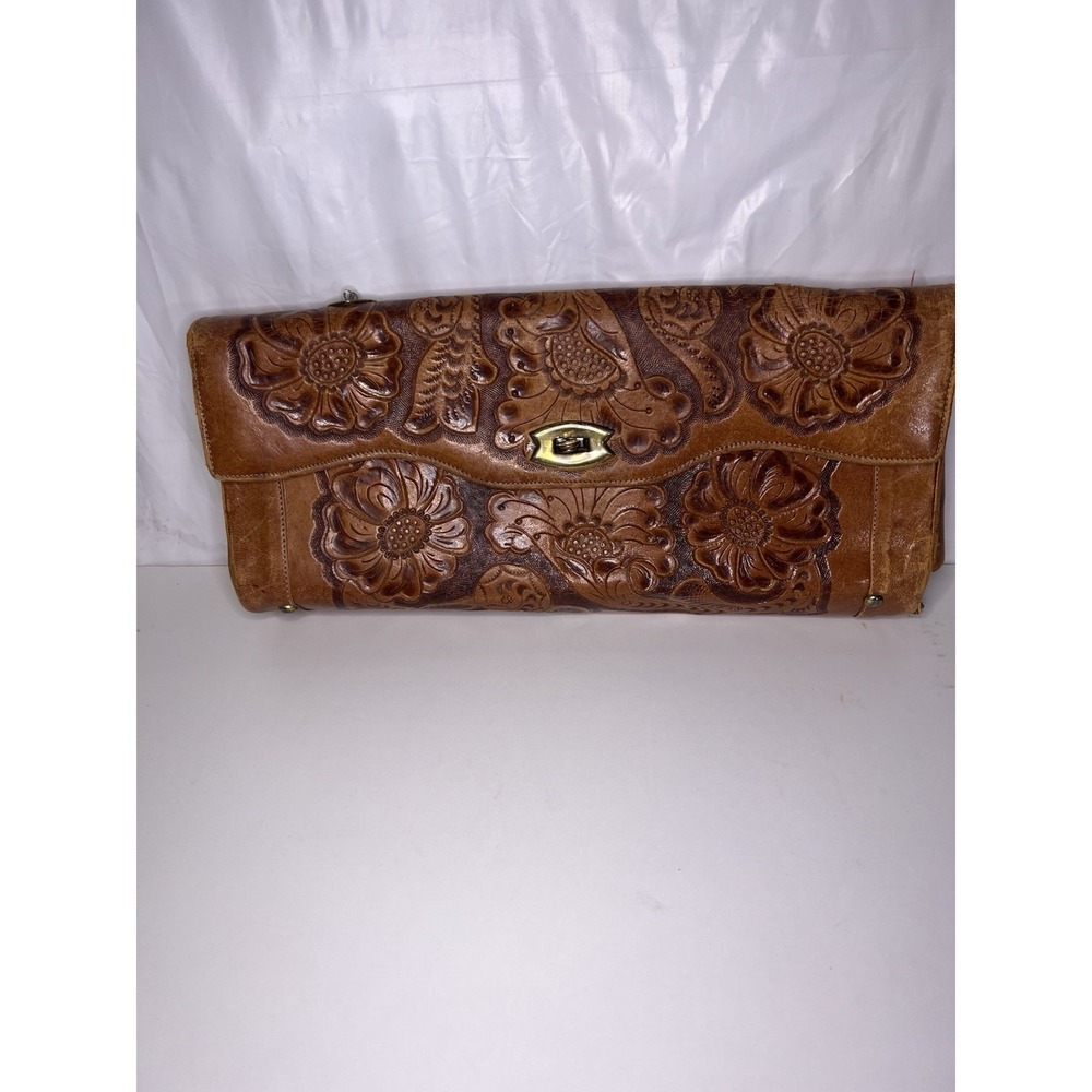 Hand-Tooled Floral Leather Clutch Wristlet in Brown